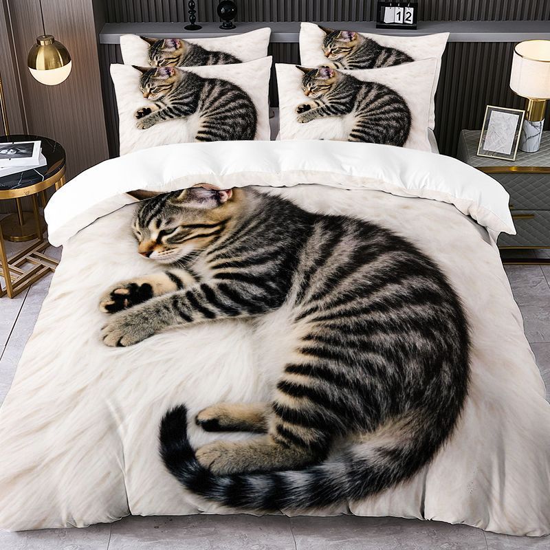 TEMU 2/3pcs Duvet Covers (filling Not Included) Cute Striped Sleeping On Thick White Fluffy Carpet, Comfortable And With Black Gray Fur Kitten,