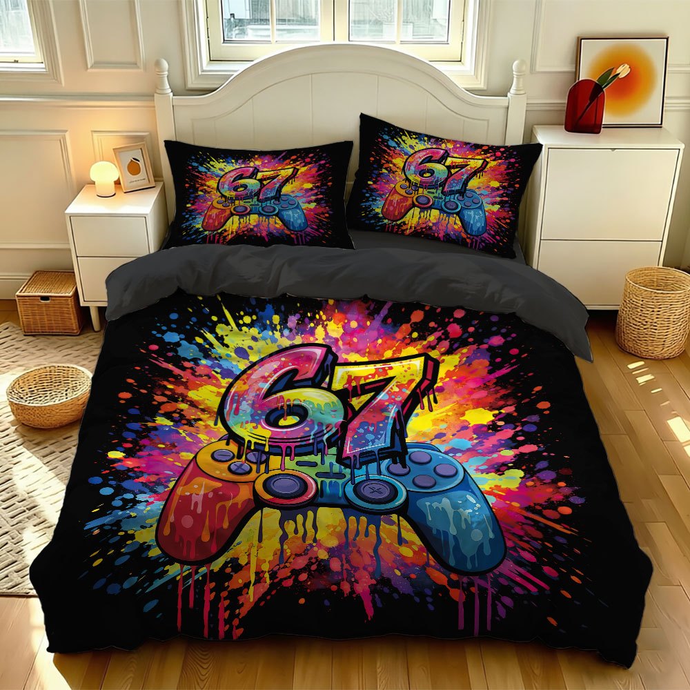 TEMU Ensemble de literie 67 pièces Graffiti Game Handle, motif imprimé pièces, impression plate 2D, 1*Housse de couette + 2*Taies d'oreiller,