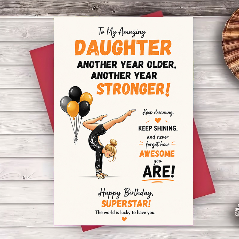 TEMU 1 Greeting Card + 1 Envelope Birthday Greeting Card For Daughter Inspirational Gymnastics Design Flat Paper Card For Birthday Celebration And