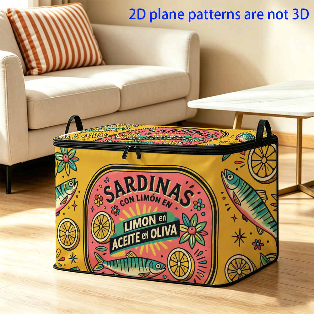 TEMU 1 Retro Sardine Can Label Storage Box, 2d Printing - 2-dimensional Flat Digital Printing - Foldable - Fabric Storage Box -- Foldable Design With