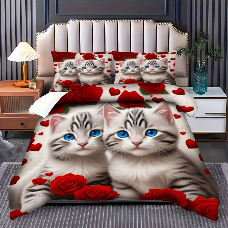 TEMU Parure de lit 2/3 pièces avec motif à thème et : chaton aux yeux de rêve confortable et vif. Parure de couette à impression numérique. à