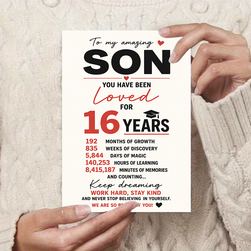TEMU 1 Greeting Card + 1 Envelope 16th Birthday Greeting Card For Son Inspirational Message Flat Card For Celebration Gift From Parents For Young For