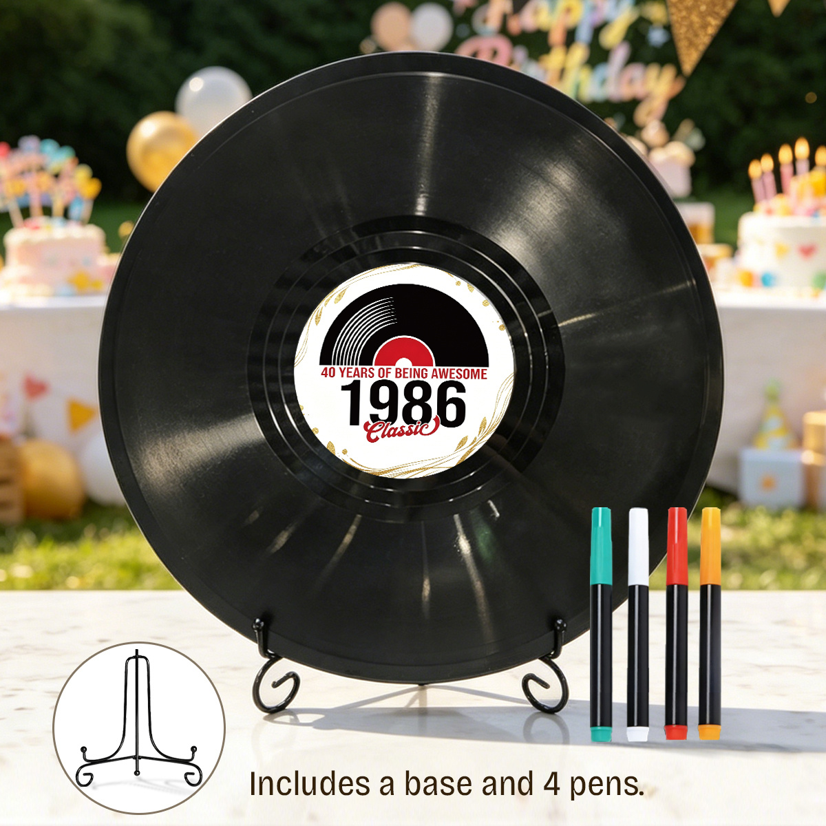 TEMU 1 Set Libro degli Ospiti Stile Disco in Vintage, Classica 1986 Ricordo per 40 Anni, Decorazione per Compleanno con Supporto e 4 Penne, Articoli