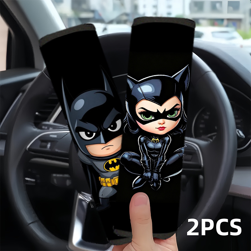 TEMU 2pcs Batman And Catwoman Car Seat Belt Cover, Cartoon Style, Universal Vehicle Headrest Protectors, Functional & Decorative, No-filler , Auto
