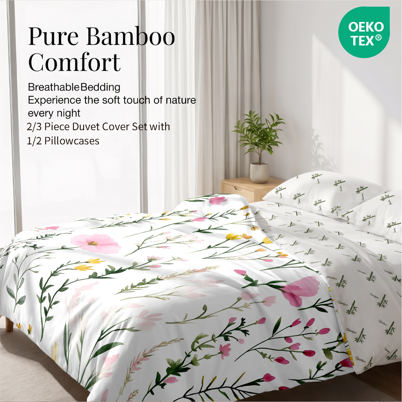 TEMU 2/3pcs Bamboo Fiber Bedding Suitable For - Luxury -friendly Duvet Cover & Pillowcases, Watercolor Print Bed Sheets With Zipper Closure, Machine