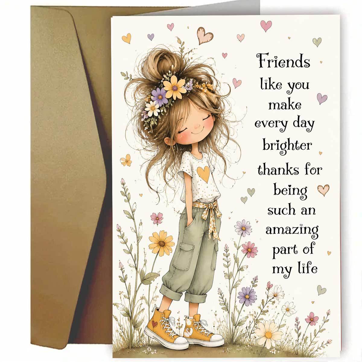 TEMU 1set (a Greeting Card And An Envelope). Floral Girl Friendship Greeting Card. Text: Make Day . Cute Girl In Flowers, Perfect For . High Quality