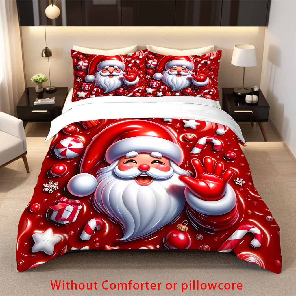 TEMU 2/3pcs Christmas Santa Candy Cane Duvet Cover Set. (1 Duvet Cover And 1/2 Pillowcases. Without Core). 2d Red Festive Santa Themed Print Bedding