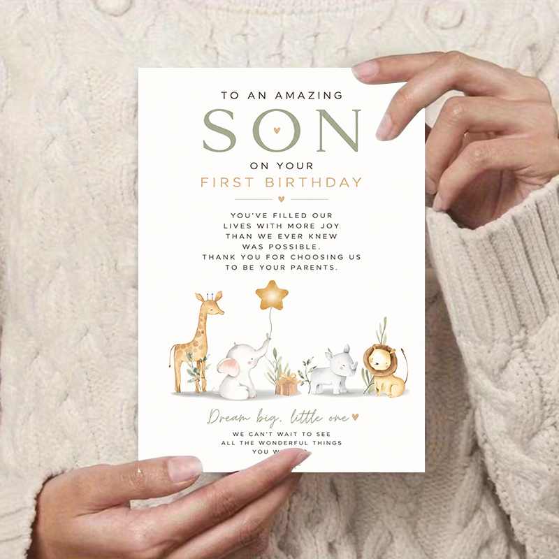 TEMU 1 Greeting Card + 1 Envelope Greeting Card For Son First Birthday Celebration Watercolor Animal Design Flat Paper Card For Family Milestone