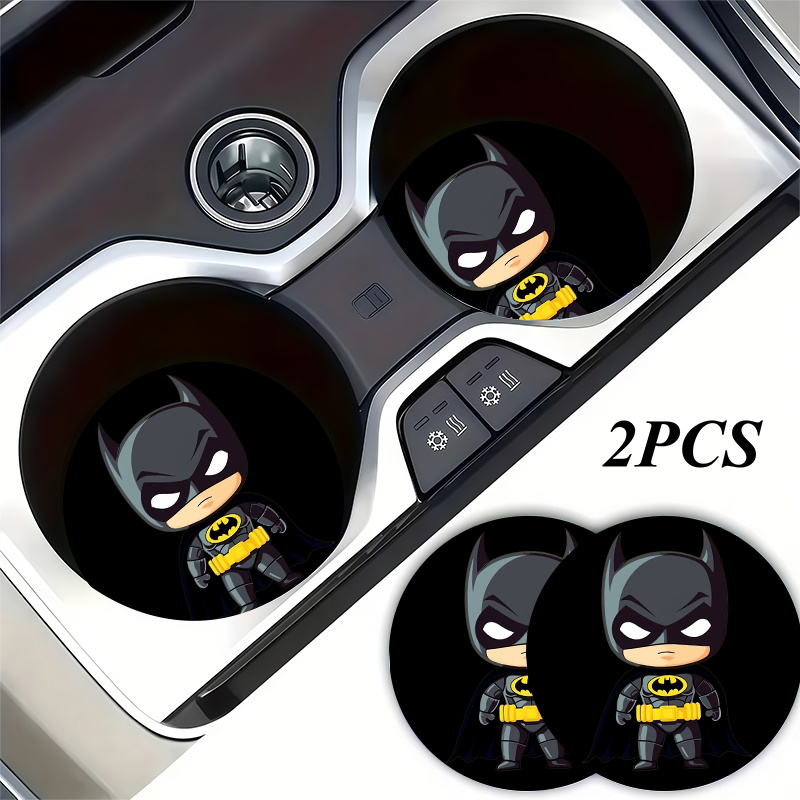 TEMU 2pcs Chibi Batman Superhero Car Cup Coasters, Cute Cartoon Black Background, Easy To Clean, Heat-resistant Car Interior Design Additions, Best
