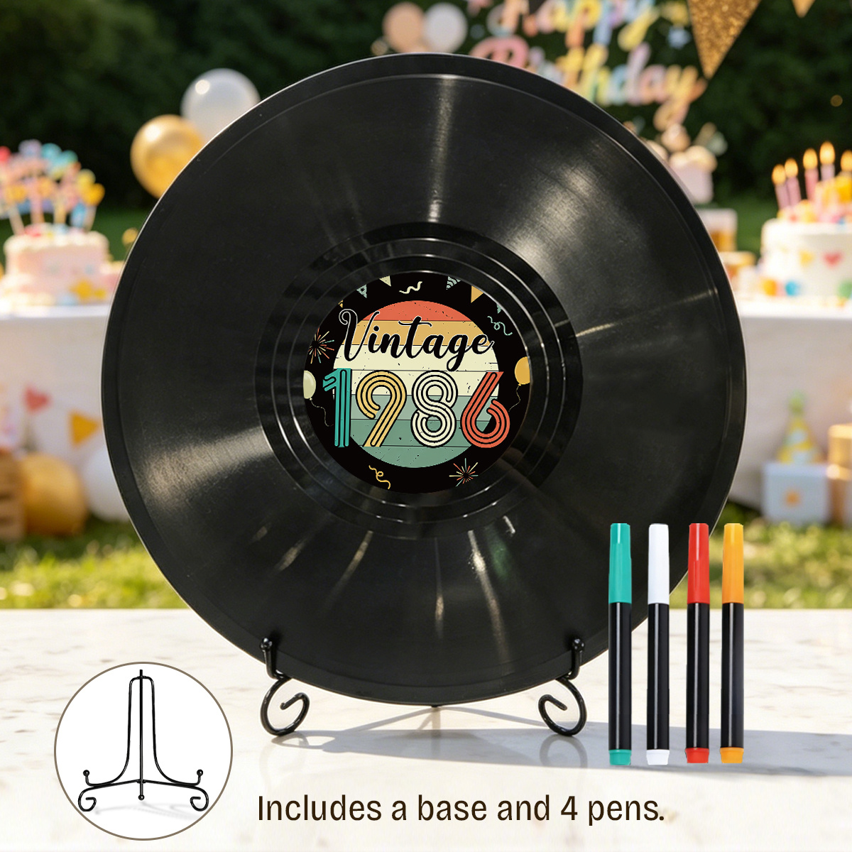 TEMU 1 Set Guest Book, Vintage 1986 Retro Party Themed Decorations, Record Keepsake, Black Golden Milestone Birthday Decor With Stand & 4 Pens, Party