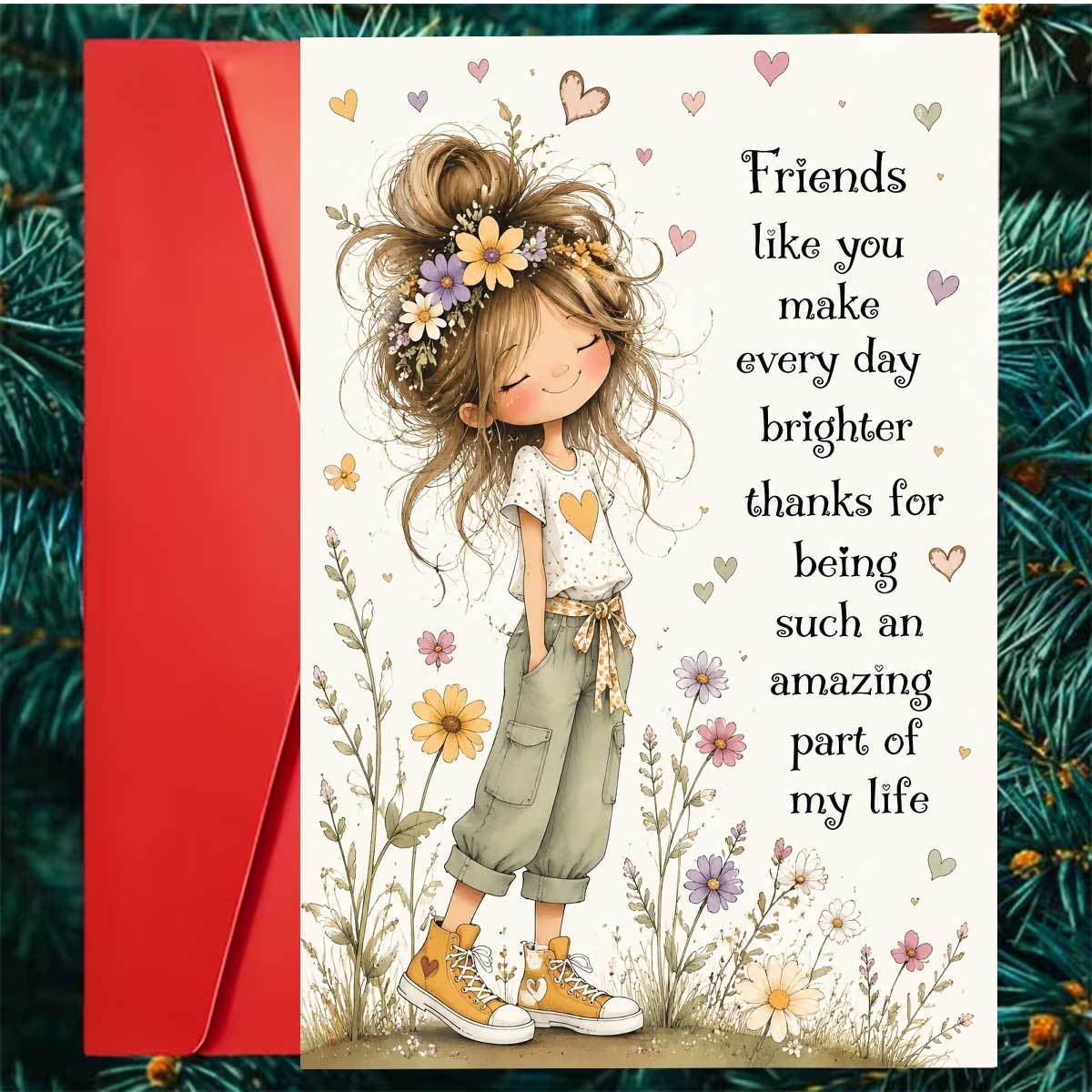 TEMU 1set (a Greeting Card And An Envelope). Floral Girl Friendship Greeting Card. Text: Make Day . Cute Girl In Flowers, Perfect For . High Quality