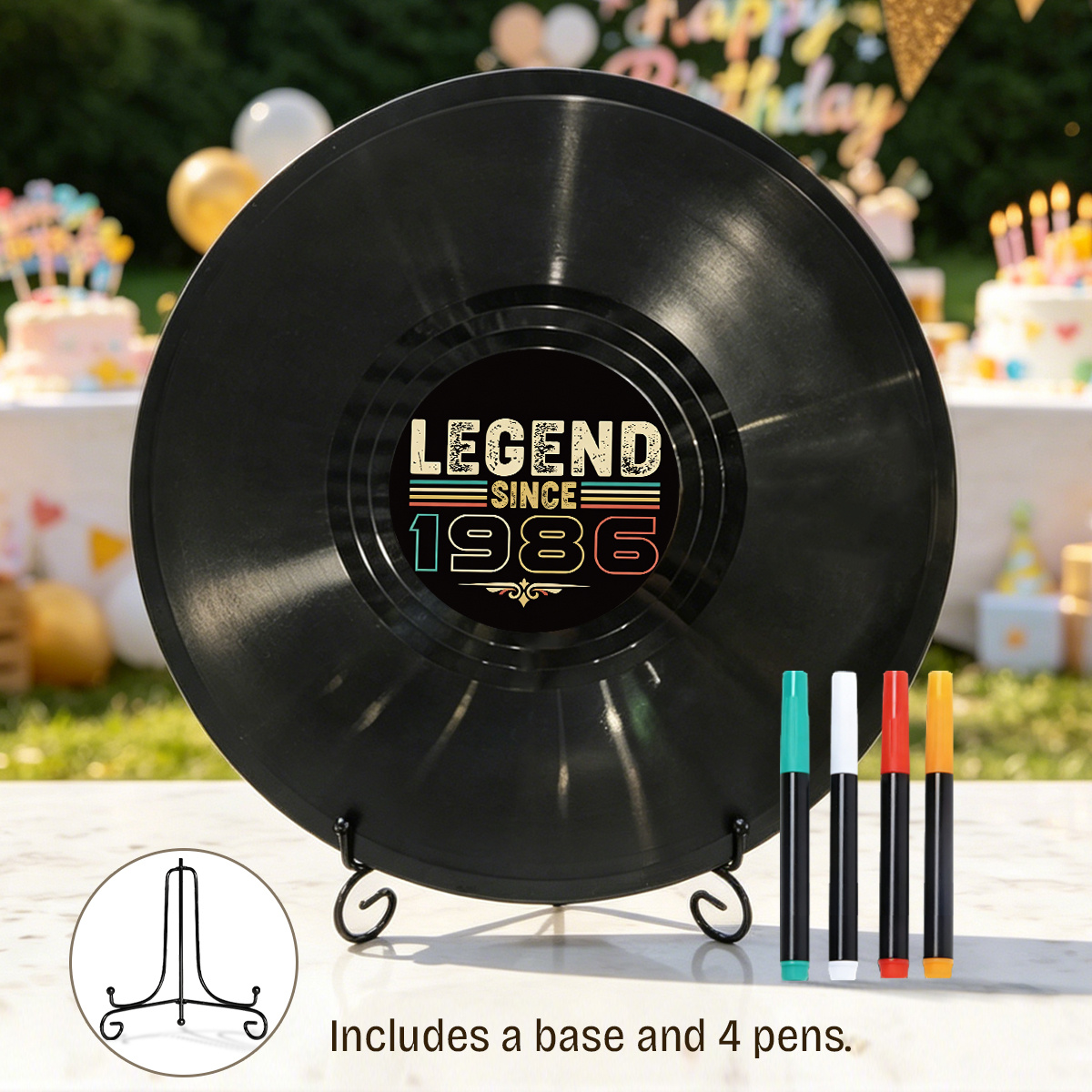 TEMU 'or disque vinyle lot, depuis 1986, décorations d'anniversaire rétro, souvenir de signature style vintage avec support et 4 stylos, fournitures
