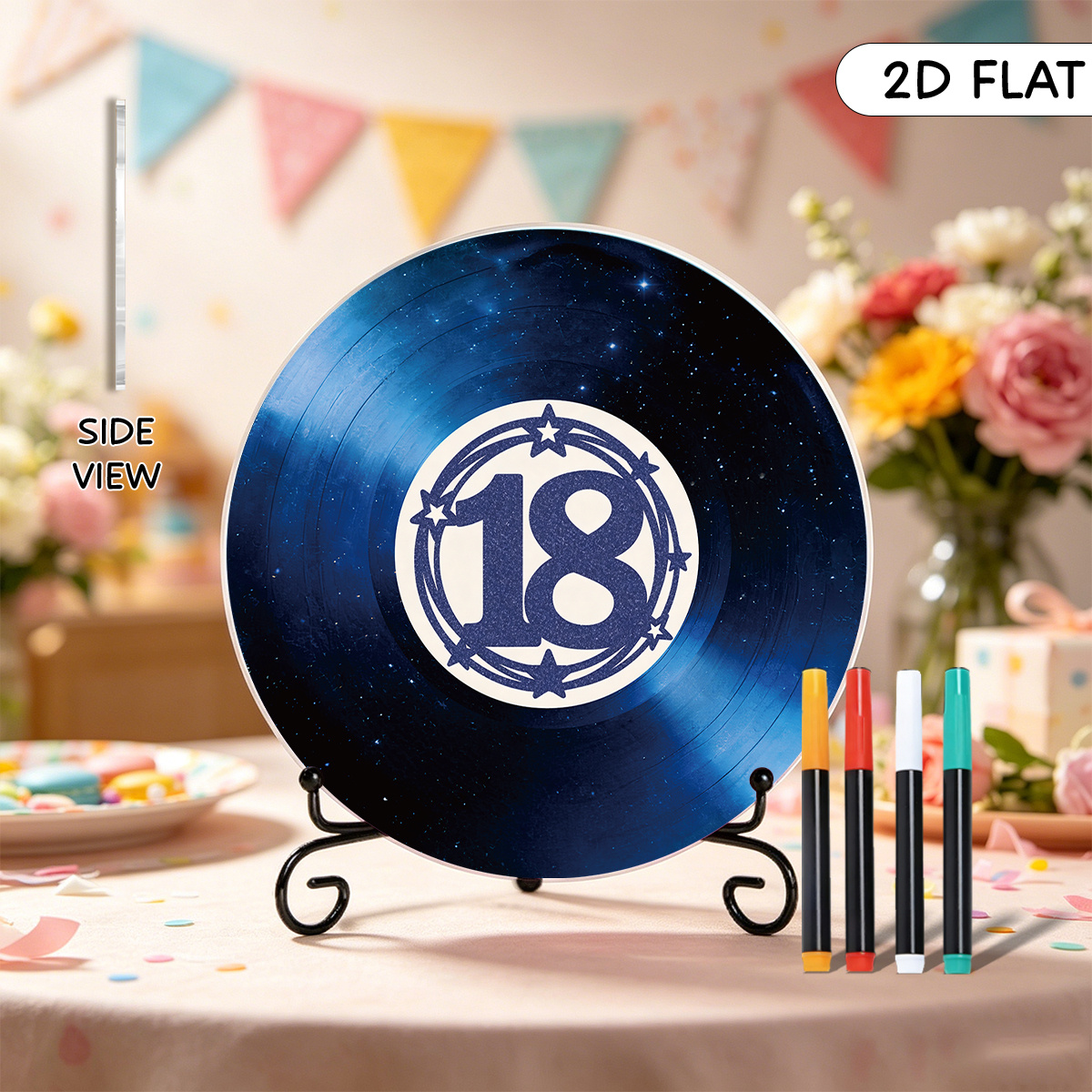 TEMU Set da 1 Libro degli Ospiti Stile Disco in Acrilico, Lavagna Multiuso con Base in Metallo e 4 Penne, Ornamento con Motivo Cielo Stellato "18",