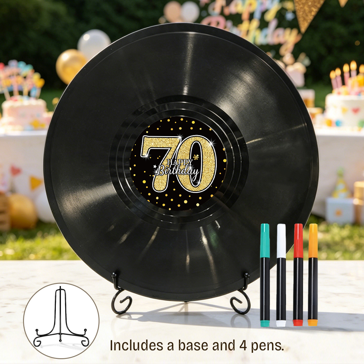 TEMU 1 Set Guest Book, 70th Birthday Glitter Golden Themed Decorations, Record Keepsake, Black Golden Milestone Birthday Decor With Stand & 4 Pens,