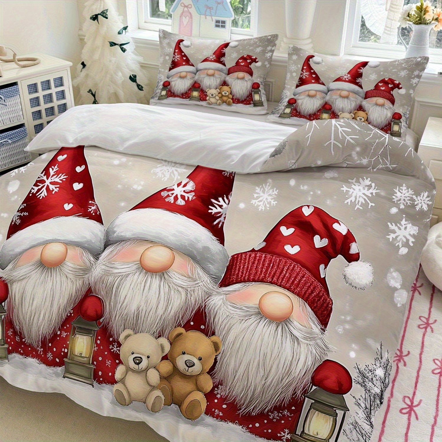 TEMU 2/3pcs Christmas Gnome Bedding Red And White Snowflake Print (1duvet Cover And 2pillowcases, Without Core) For Holiday Bedroom Decor