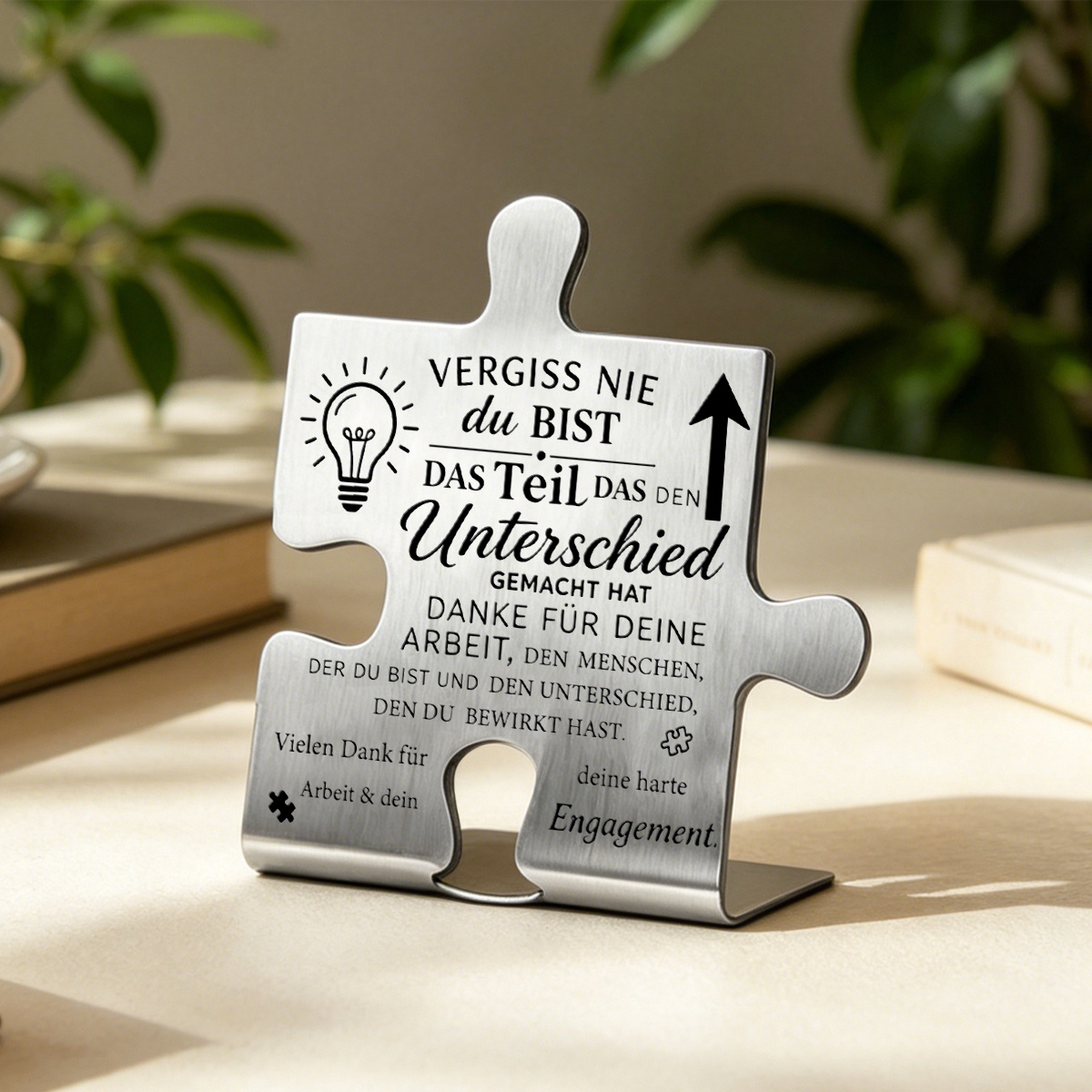 TEMU . Metall Puzzle-förmiges, prägnantes "Du bist das Teil, das den Unterschied gemacht hat" Schreibtischschild, lasergraviertes deutsches Zitat,