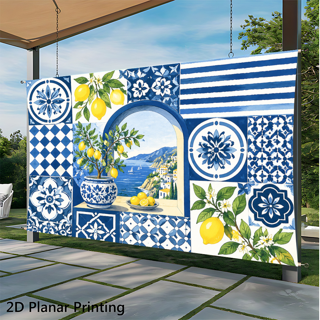 TEMU Plat 2D, Bannière Plate 2D 1 pièce, Style Citron Méditerranéen Bleu et Blanc, Toile de Fond de Fête, Accessoire de Studio Photo, Décoration de