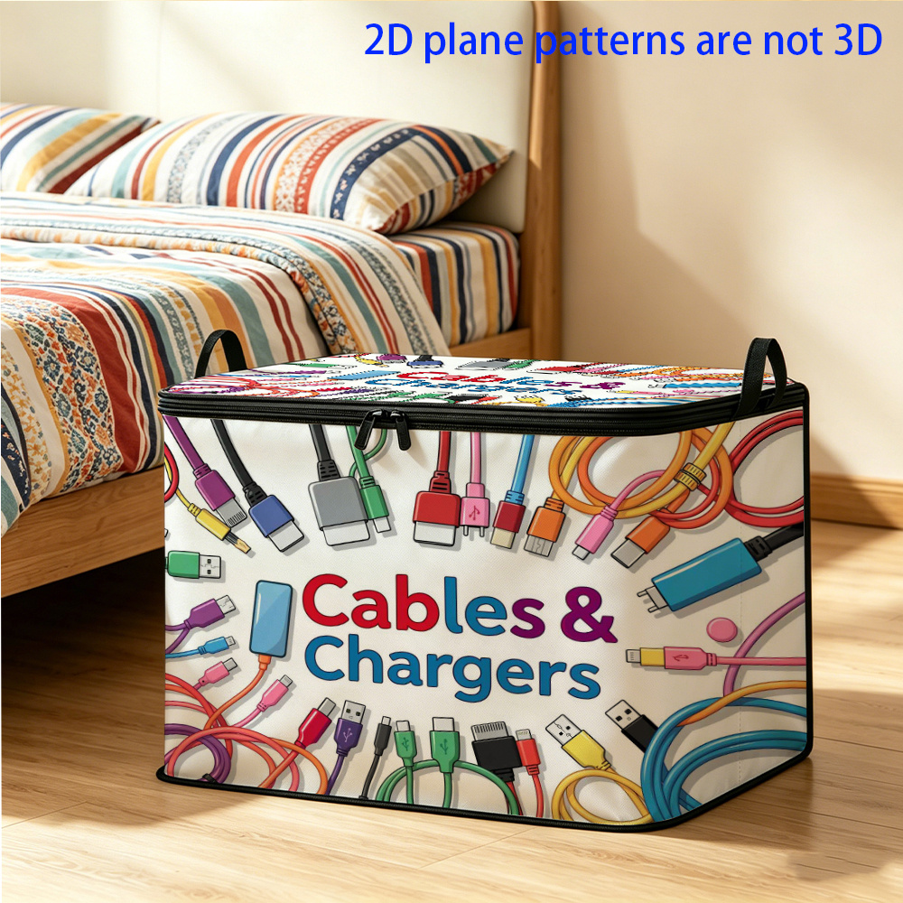 TEMU 1pc, Cables & Storage Box, Foldable Zippered Flap Design With Reinforced Handle, Suitable For Multi-functional Storage And Home Décor, Under-bed