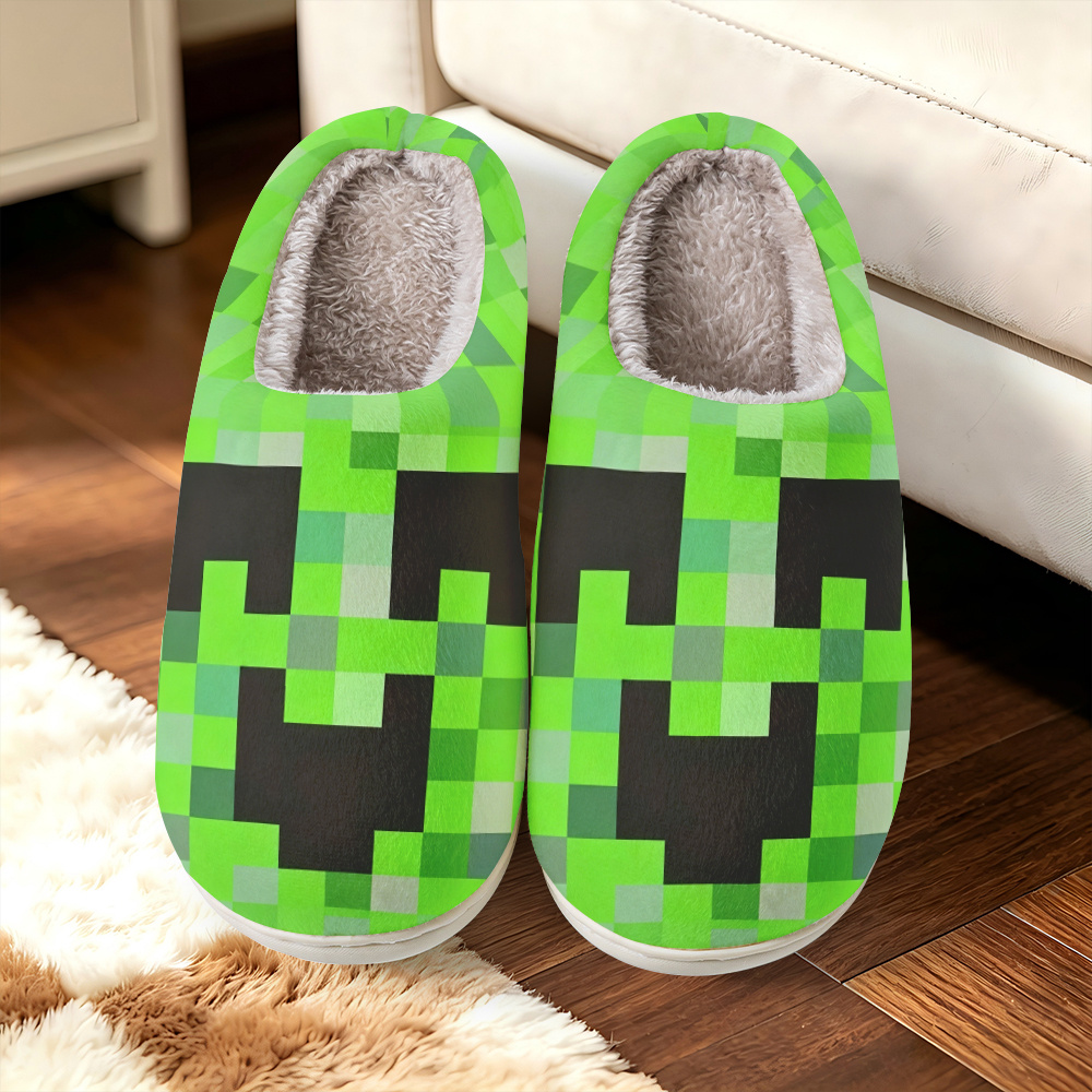 TEMU [printed Design-not Textured]-unisex House Slippers, -catching Pixel Green Face Print, Elegant Minimalist Skin-friendly Casual Slippers, Perfect
