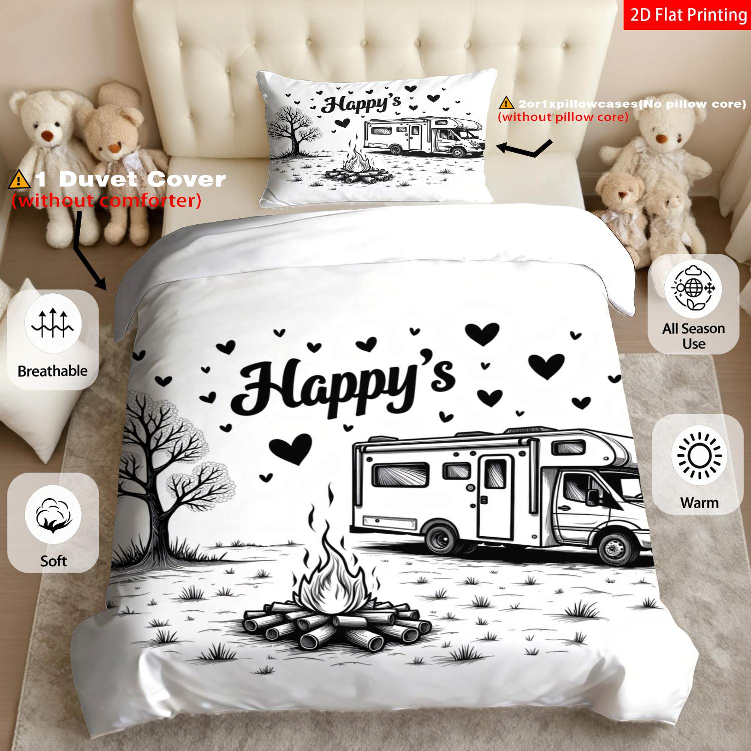 TEMU 2pcs/3pcs Boho Van Bedspread - Black White Suitable For With Van & Design, Zipper Closure Quilt Cover, Machine Washable Bedding For Room,, Rv,