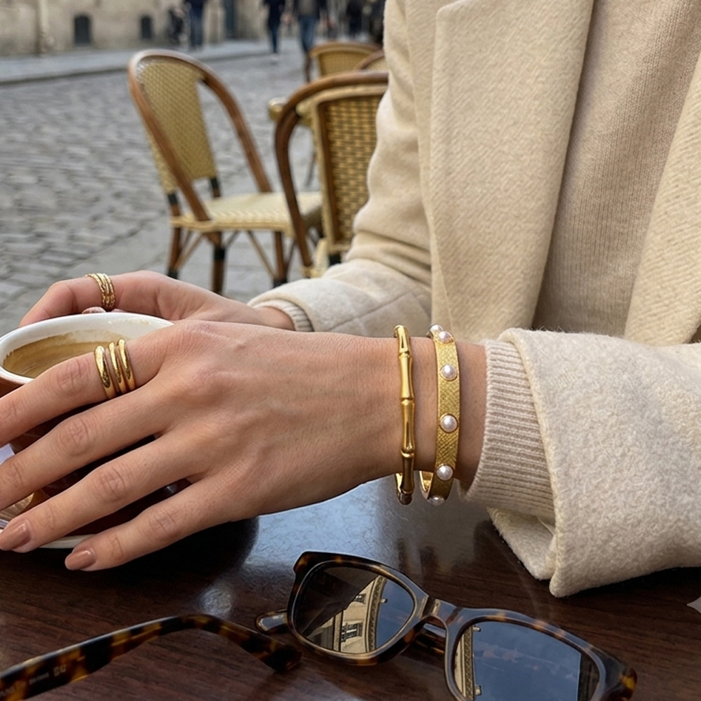 2pcs Retro Bamboo Shaped Stainless Steel Bracelets Set