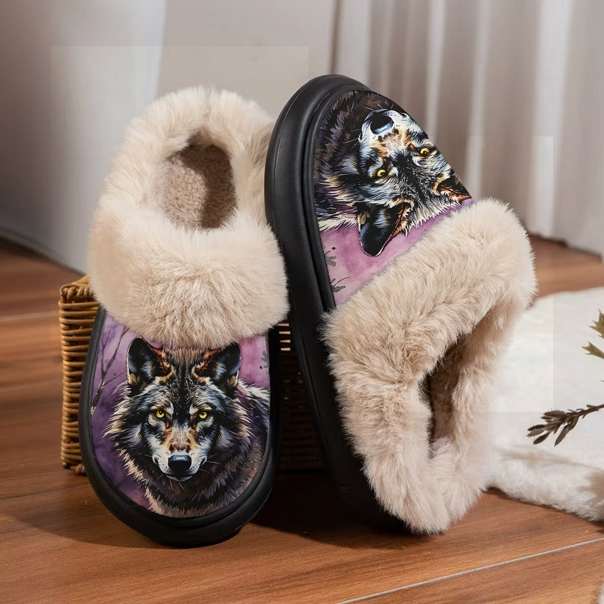 TEMU Watercolor Wolf Portrait + Background Pattern Men's And Women's Home Indoor Slippers, Casual Household Slippers, Suitable For Indoor And Outdoor