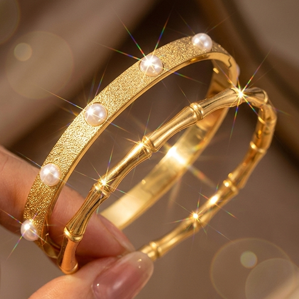 2pcs Retro Bamboo Shaped Stainless Steel Bracelets Set