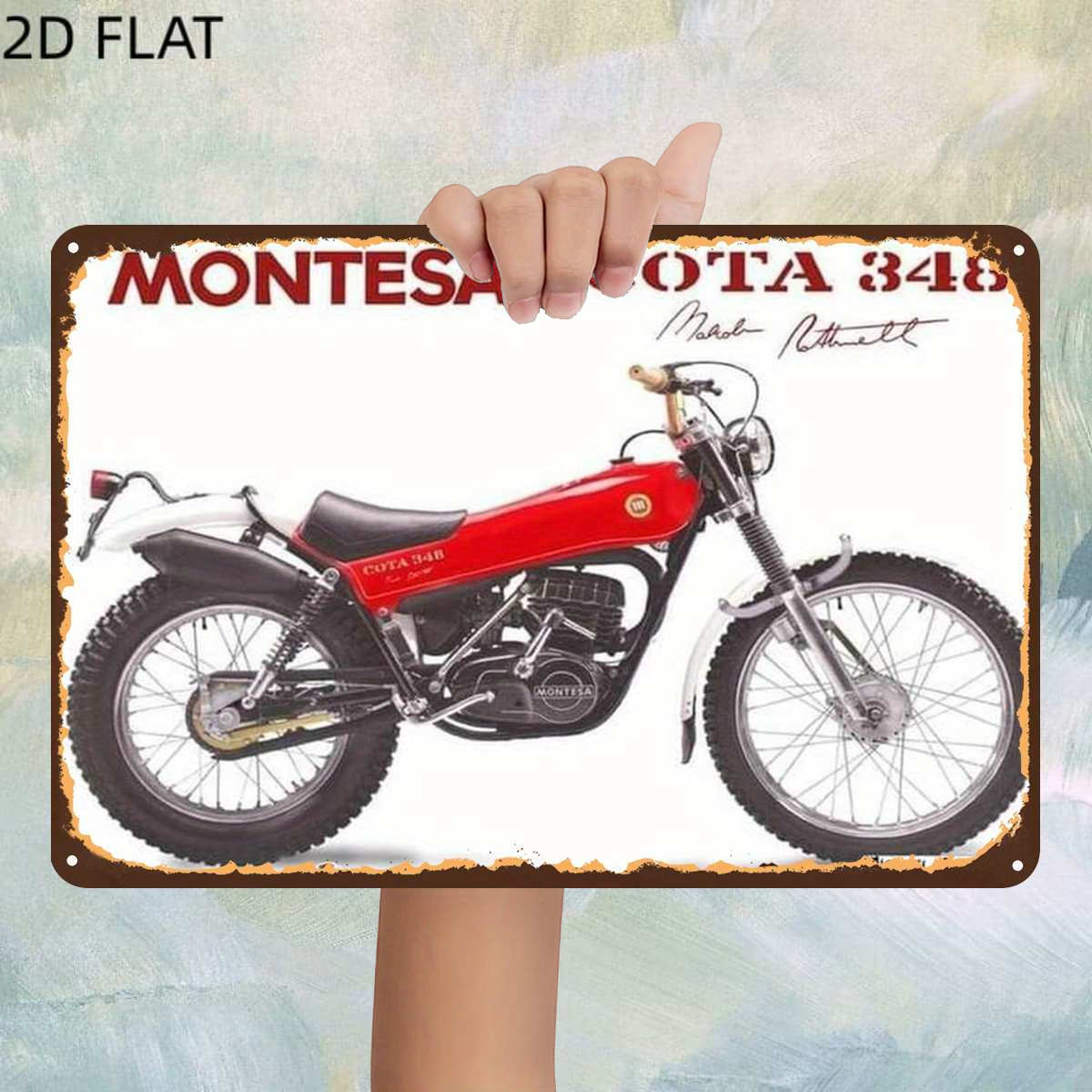 TEMU Letrero de metal 2D, 1 pieza, Vintagemontesa 348: Diseño de motocicleta todoterreno, agujeros pre-perforados, decoración de pared para cocina y