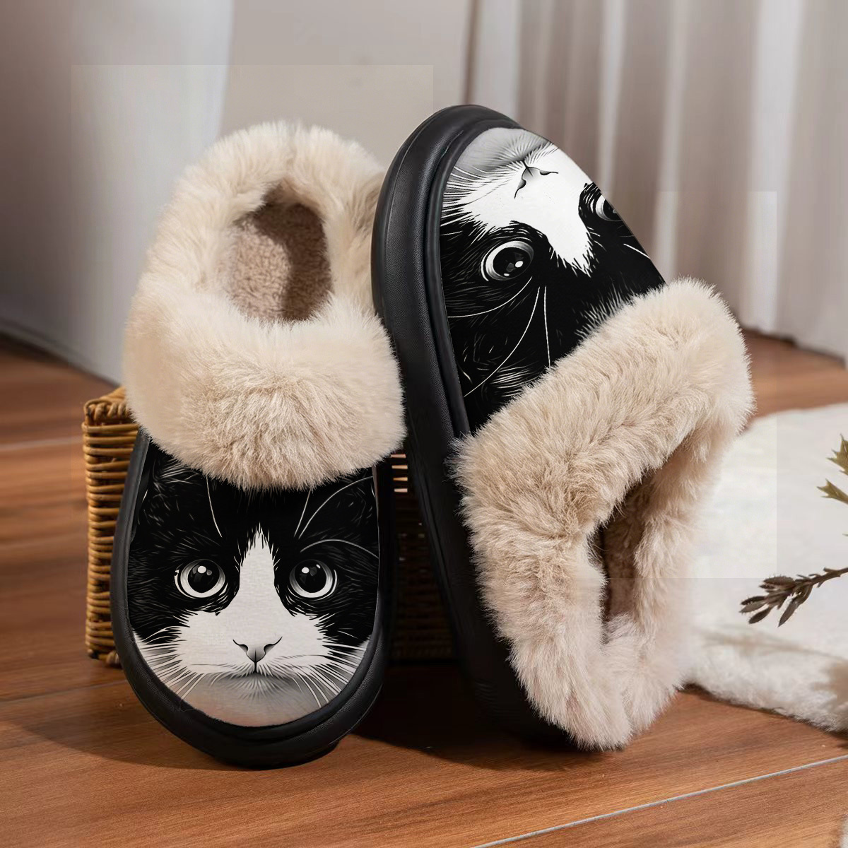 TEMU [printed Design – Not Textured] Black And White Cartoon Cat + "cute Big Eyes" Slogan Men's And Women's Home Indoor Slippers, Casual House