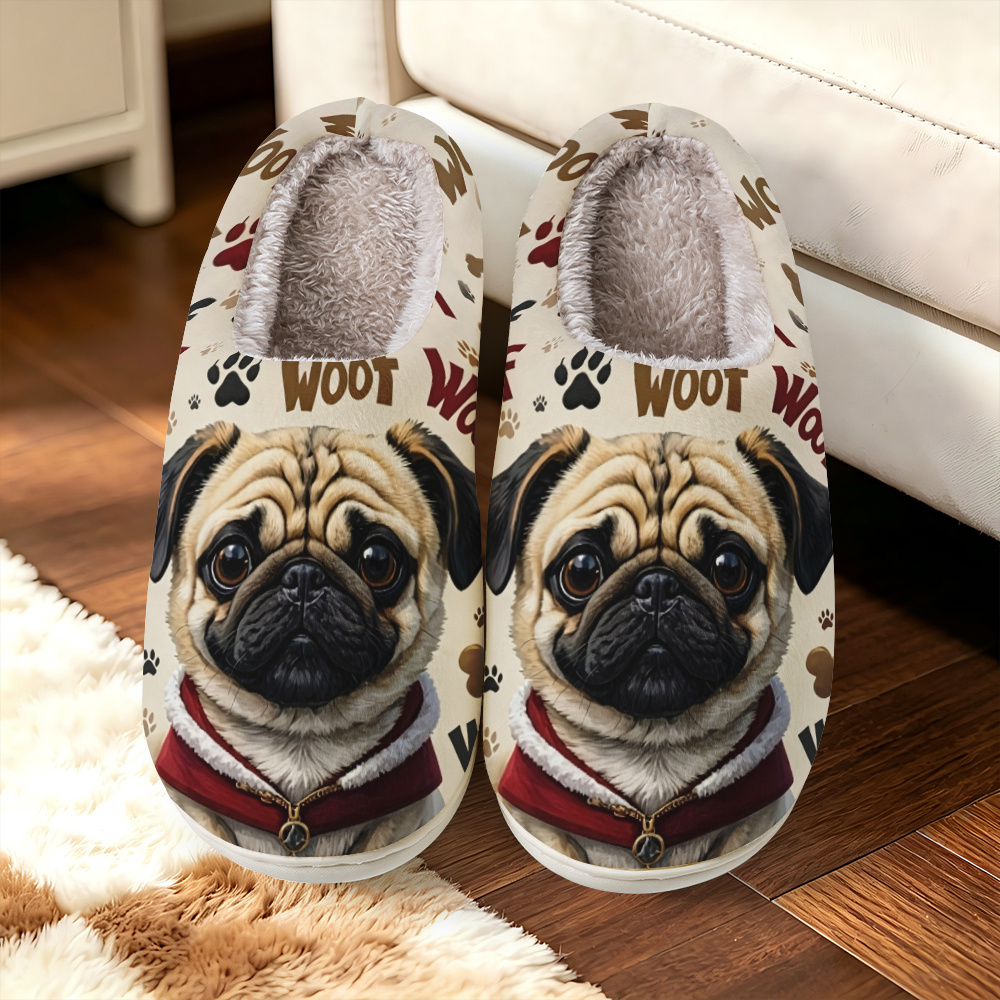 TEMU [printed Design - Not Textured] - Women's Fashionable Home Slippers Featuring An Adorable Pug Design With "" Text, , And Bone Prints. Elegant,