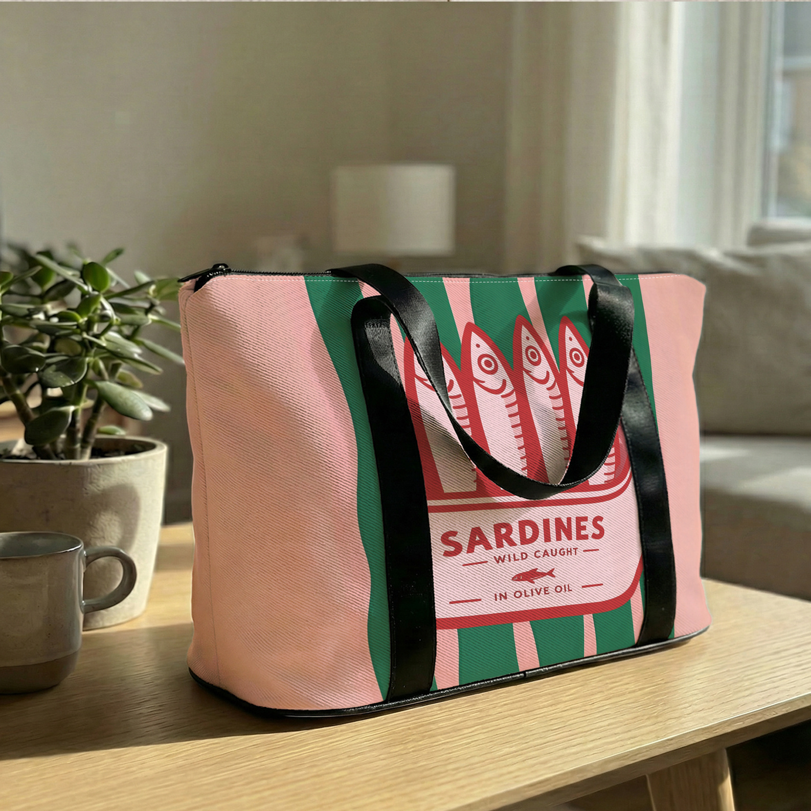 TEMU 1pc, Men's Tote Bag, Sardine Can Pattern 2d Print, Large Capacity Commuter Tote Bag, Reinforced Black Wide Shoulder Strap | Easily Fits Laptop,