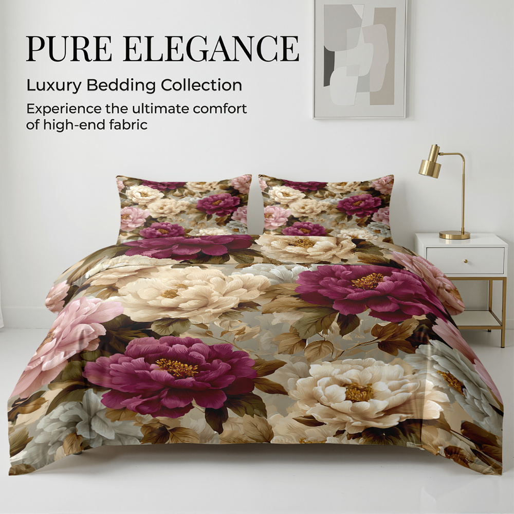 TEMU 2/3pcs Printed Duvet Cover Set (1 Duvet Cover And 1/2 Pillowcases) - Floral Bedding, Vintage Peony Pattern, Comforter Cover With Pillow Shams,