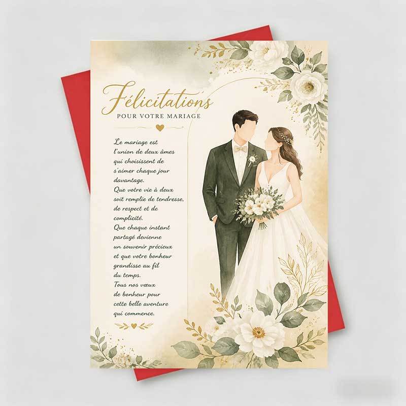 TEMU 1 Carte de Vœux + 1 Enveloppe - Carte de Vœux de Mariage Élégante, Illustration Aquarelle des Mariés avec Accents Floraux "Félicitations Pour