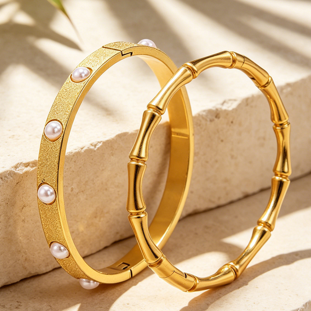2pcs Retro Bamboo Shaped Stainless Steel Bracelets Set