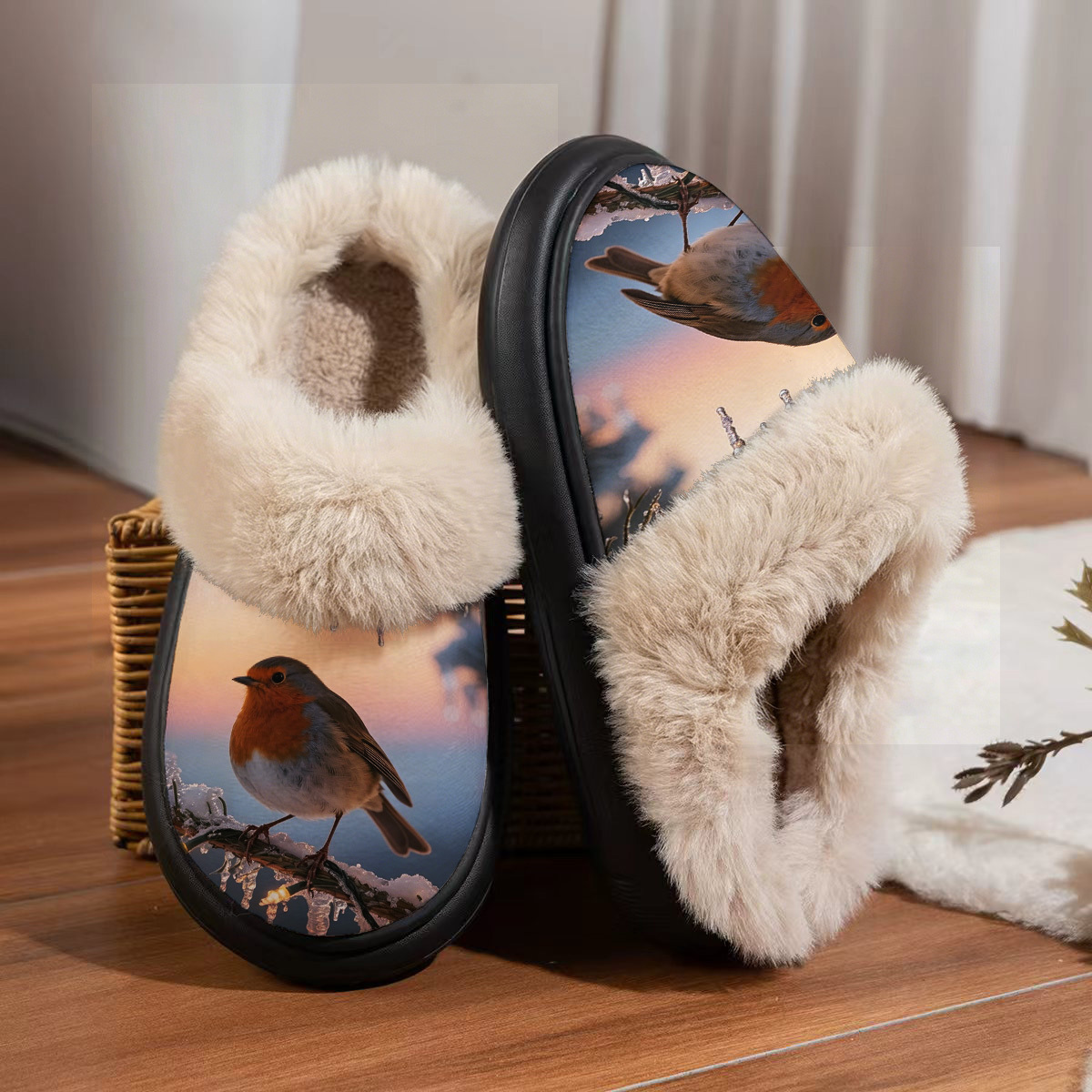 TEMU Robins On Snowy Branches + Winter Slogan Men's And Women's Home Indoor Slippers, Casual House Slippers, Suitable For Indoor And Outdoor Wear,