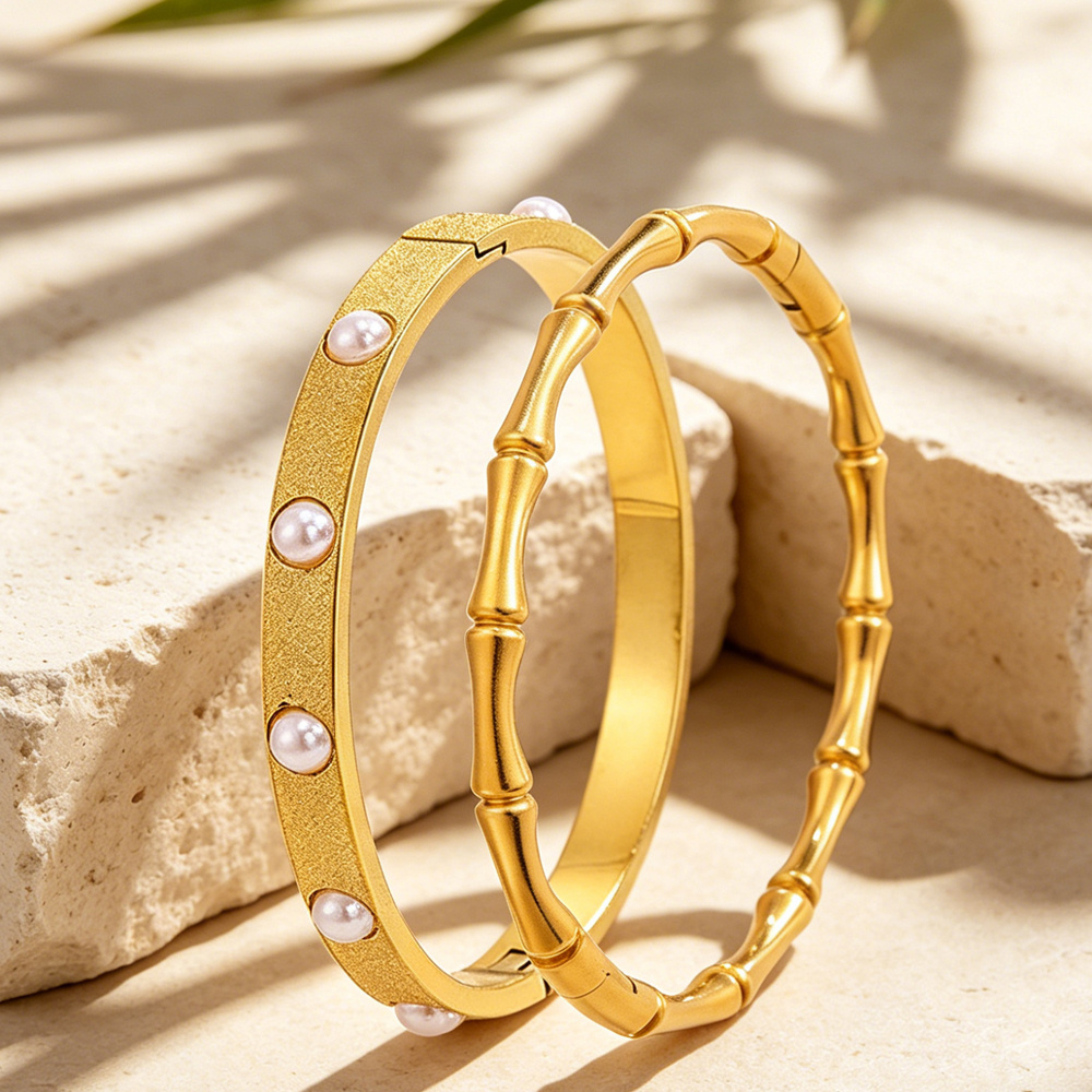 2pcs Retro Bamboo Shaped Stainless Steel Bracelets Set