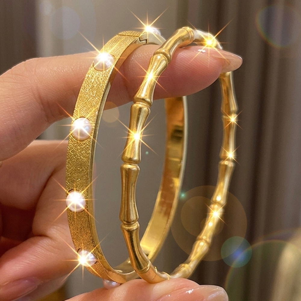 2pcs Retro Bamboo Shaped Stainless Steel Bracelets Set