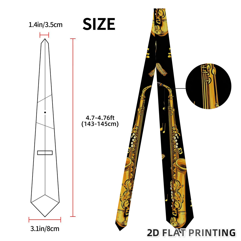 TEMU 1pc Fashion Golden Saxophones And Musical Notes Motif Tie For Evening Events, Special Celebrations, And Social Gatherings, Stylish Print, ,