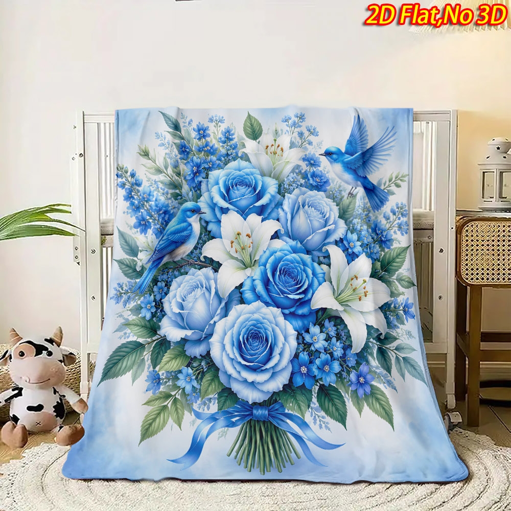 TEMU 1pc 2d Flat Printing Spring And Summer New Arrival Blue And Bluebird Theme Blanket, Use, Casual Throw, 100% Polyester And Comfortable, Perfect