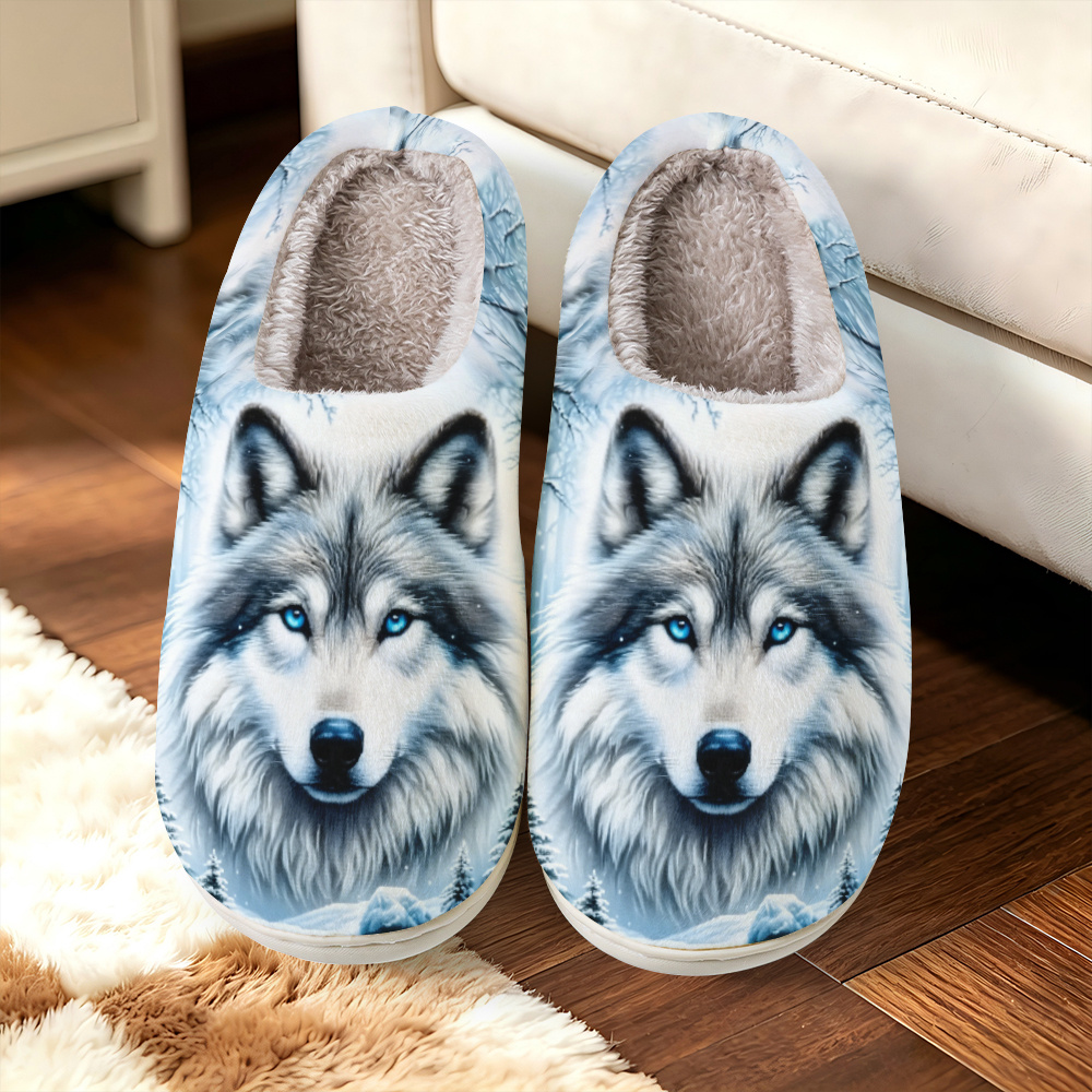 TEMU [printed Design-not Textured]-unisex House Slippers, Gray Wolf In Print, Elegant Minimalist Skin-friendly Casual Slippers, Ideal For Family