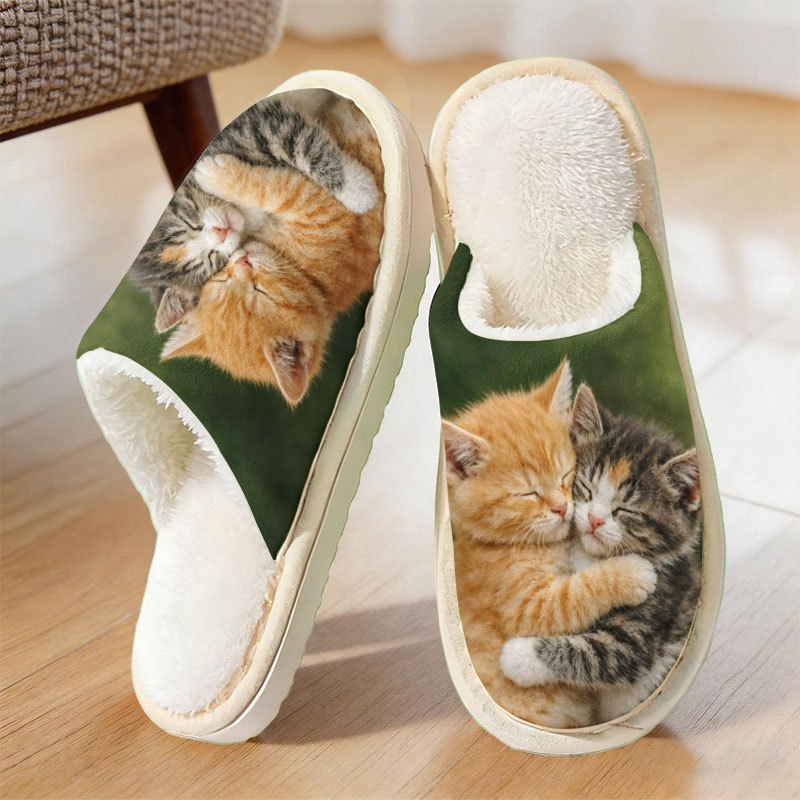 TEMU Women's Slippers Autumn Winter, Pair Of Cute Kittens Embracing, Indoor Home Soft Sole Thick Sole Anti-slip Wear-resistant Fleece Warm Slippers,