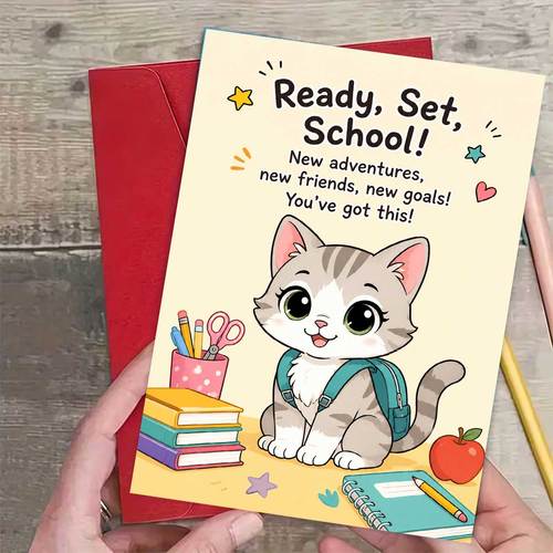 1set a greeting card and an envelope adorable kitten back to school greeting card school cute cat with backpack academic season for students red or creative card