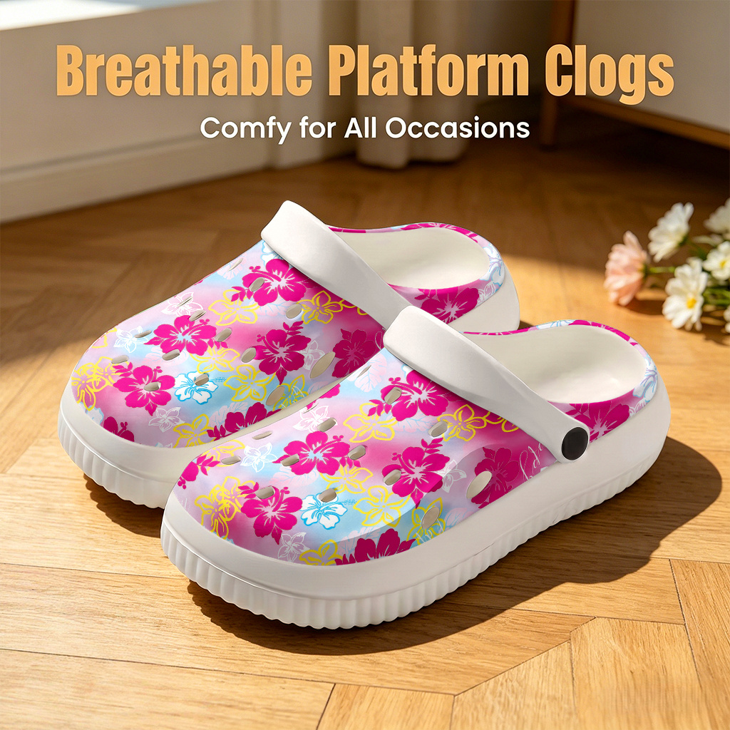 TEMU New Eva Platform Garden Shoes, Sweet Style With Flower Print, Unisex Clogs, Indoor/outdoor Couple's Slippers, Stylish And Lightweight For Beach,