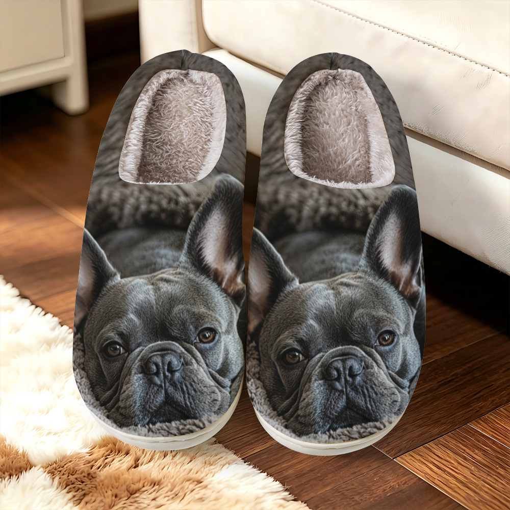 TEMU [printed Design - Not Textured] - Adorable French Bulldog Lounging Plush Background Print   Women's Fashion Home Slippers, Elegant, Simple,