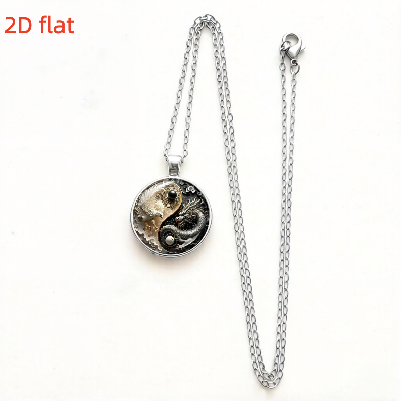Image of 2d Flat, Dragon And Phoenix Yin - Yang Design Glass Pendant Necklace, Made Of Durable Alloy With Round Glass Top, Unisex, Trendy Fashion Jewelry, Ideal For Birthday Party Gifts And Daily Wear, 2d Flat