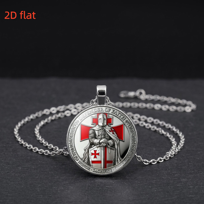 2D Flat Medieval Knight-Themed Glass Pendant Necklace
