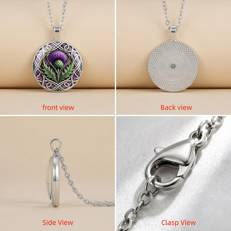 Celtic-Inspired Thistle Pattern Glass Pendant Necklace