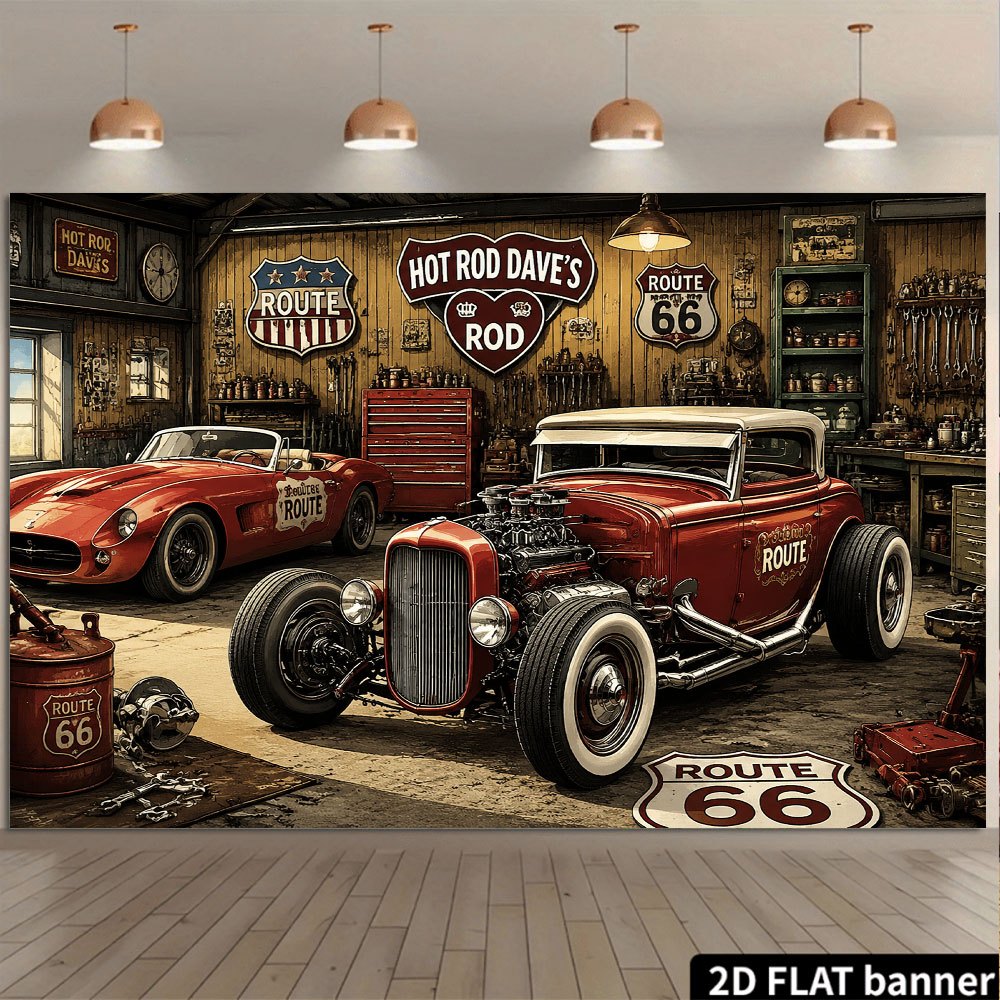 TEMU 2d Flat, 1pc Banner With Vintage Car & Iconic Logo - Retro Americana Wall Hanging Suitable For Indoor/outdoor Parties, Themed Decorations, Photo