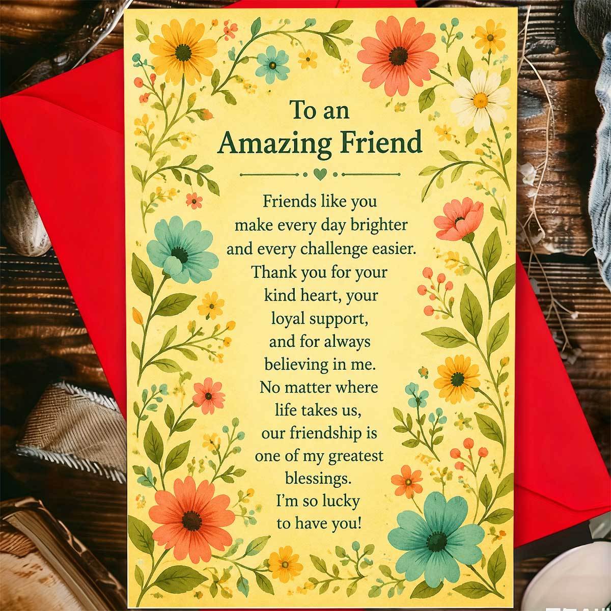 TEMU 1set (an Envelope And A Card) Vibrant Floral Patterned Friendship Greeting Card, To An Amazing Friend, Elegant Botanical Design, , High-quality