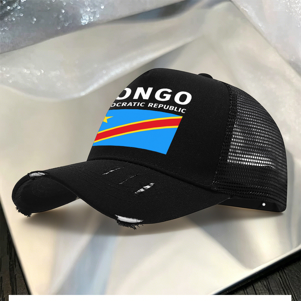 TEMU 1pc, Democratic The Congo Flag Pattern Distressed Color-block Baseball Mesh Cap, Lightweight Printed Women's Hat, Democratic The Congo Flag